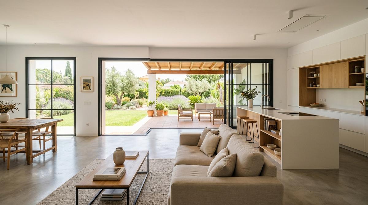Salón comedor y cocina de un chalet reformado abiertos al jardín mediante grandes puertas correderas