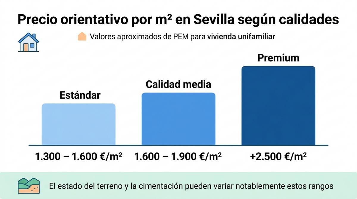 Gráfico de barras con rangos de precio por metro cuadrado para construir una vivienda en Sevilla según las calidades de la obra.