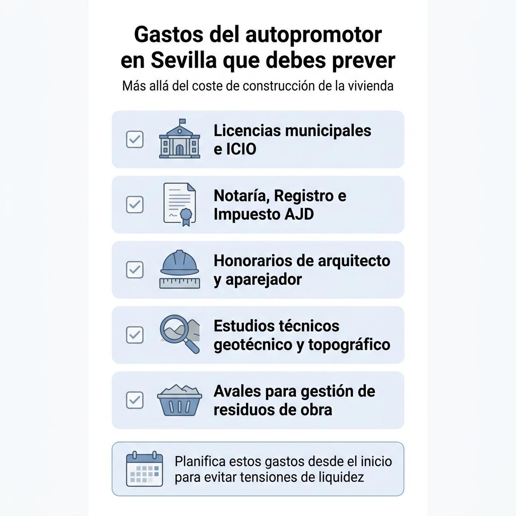 Infografía con checklist de los principales gastos del autopromotor en Sevilla además del coste de la obra.