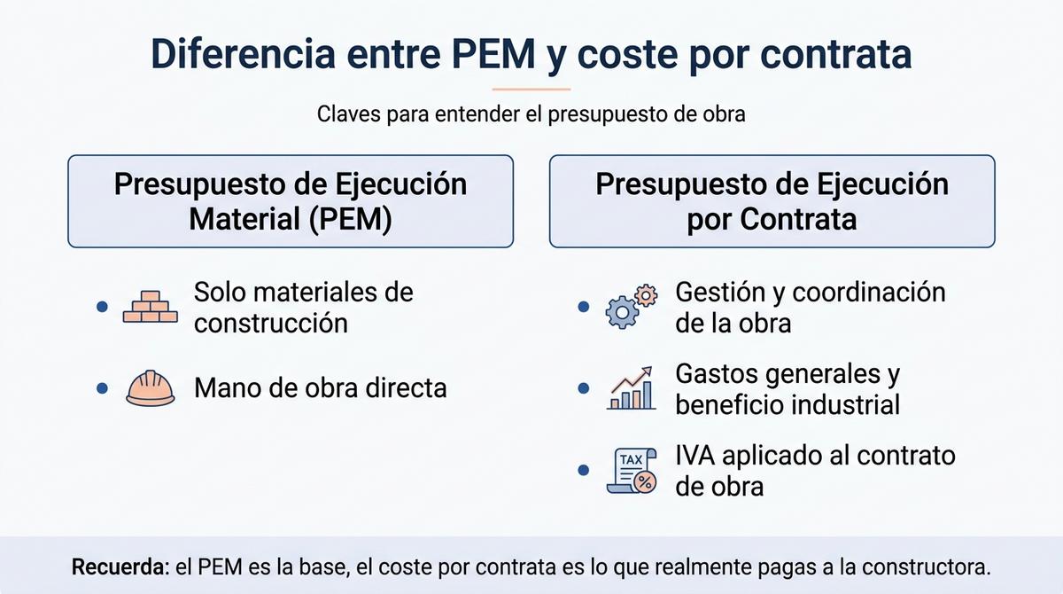 Infografía que compara el Presupuesto de Ejecución Material con el presupuesto de ejecución por contrata en una obra.