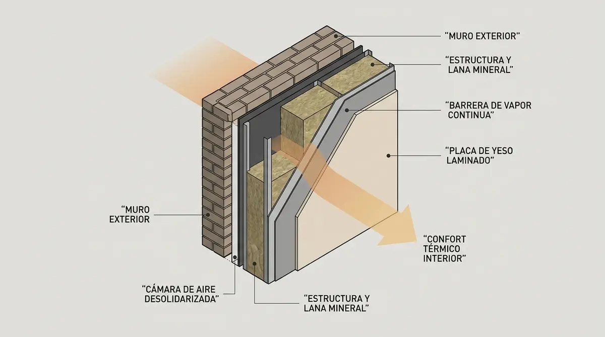 Diagrama constructivo de trasdosado interior autoportante con capas de aislamiento térmico contra la radiación estival