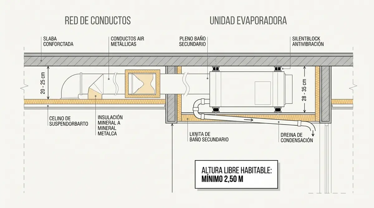 Esquema en sección técnica de cotas de falso techo para conductos de aire y máquina evaporadora