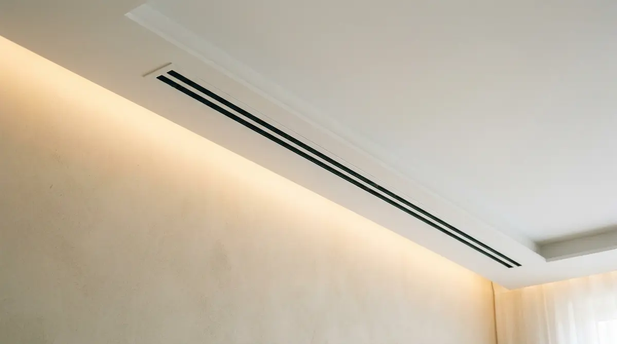 Detalle arquitectónico de rejilla lineal integrada en foseado de techo con iluminación led indirecta