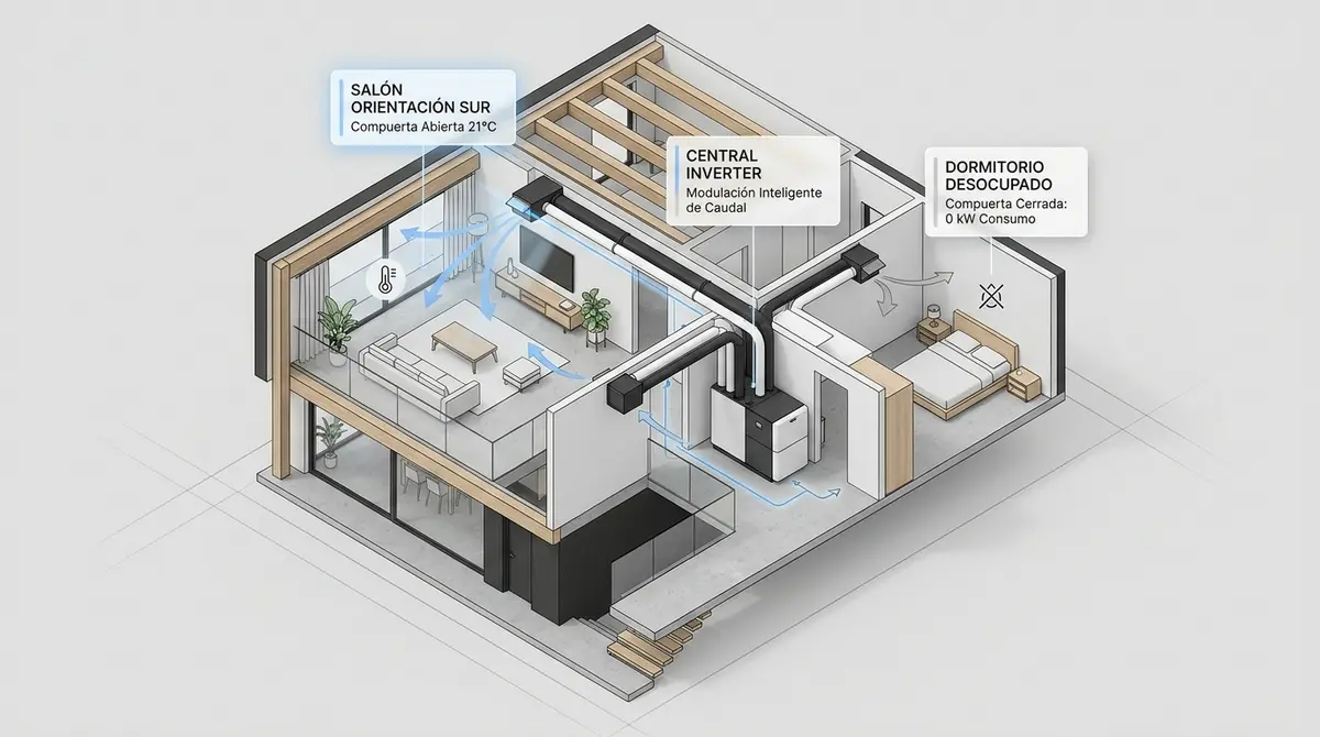Plano isométrico de zonificación térmica por estancias con compuertas motorizadas en vivienda reformada